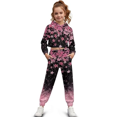 Girls Sweatshirt and Jogger Set 2 Piece Outfits Long Sleeve Hooded Crop Top Hoodies Sweatpants with Pockets3