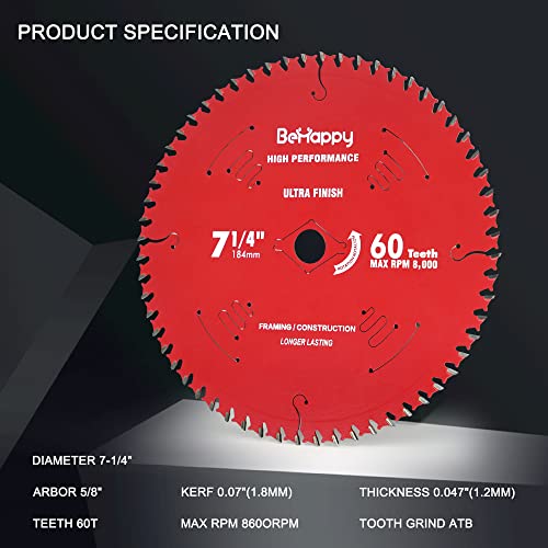 Behappy Circular Saw Blade, 7-1/4" Fine Finishing Circular Saw Blade, 60T Atb Circular Saw Blade 5/8" Arbor For Miter/Table/Circular Saw For Plywood, Laminate, Ripping Wood, Crosscuts Wood #TOP1