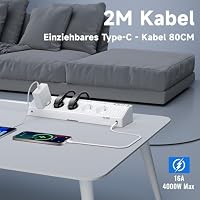 Tischsteckdose Steckdosenleiste mit 2 USB C (PD 30W),5 Fach Mehrfachsteckdose mit Schalter,Steckdosenleiste mit USB,4000W/16Amit 2M Kabel für Zuhause Büro und Reisen (Weiß, 2M & 30W) – Ansicht 3