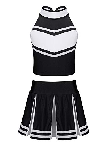 TiaoBug Traje de Animadora Disfraz de Animación Niñas Muchachas Maillots Danza Uniforme Escolar Crop Top Rayado Sin Mangas Falda Plisada Elástica Negro 12 años