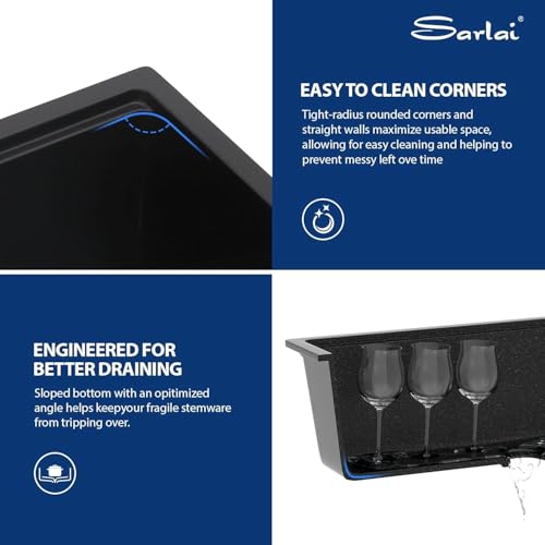 Sarlai 32 Granite Composite Kitchen Sink - 32"x19" Black Undermount Kitchen Sink Ledge Workstation Matte Black Granite Quartz Composite Under-Mount Single Bowl Sinks Basin with Gold Accessories by Sarlai - Used condition - Image 5