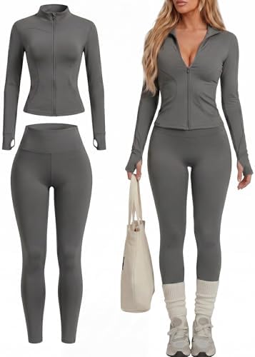 Simlakey Women Workout Sets 2 Piece Seamless Yoga Outfits Long Sleeve Zip up Jacket High Waist Leggings Athletic Gym Set(Grey,Large)