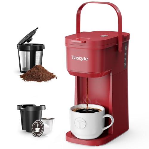 Image of Tastyle Single Serve One Cup Coffee Maker, for K Cups and Grounds, Mini Coffee Maker with Portable Handle, 6 to 12 Oz Brew Size, for Travel, Camping, Office, RV and Dorm, 120V, Vintage Red
