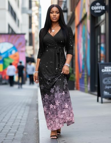 Image of FANDEE Plus Size Maxi Dress for Women Casual Summer Sundress V-Neck 3 /4 Sleeve