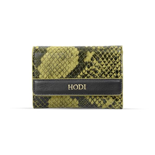 HODI Women's Snake Print Card Wallet | Genuine Foil Leather | Faux Suede Lining | Fashion Cash Coin Card Holder Ladies Hand Purse, Olive, Casual