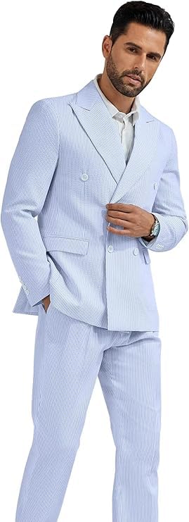 Men's Leisure Striped Seersucker Double Breasted Slim Fit Lightweight Tuxedo Summer Beach Suits2