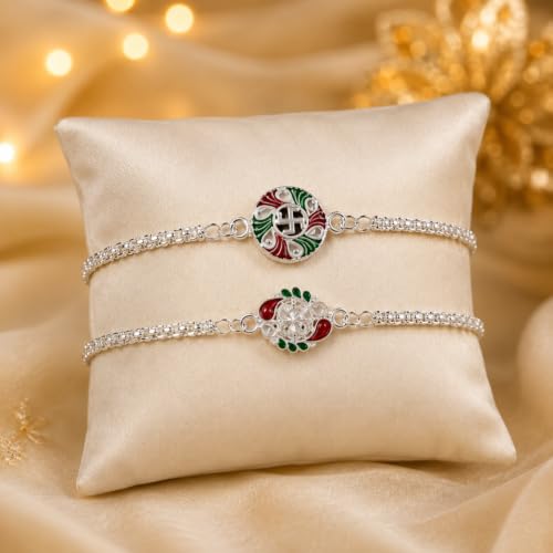 Image of Oblivion Designer Silver Colour Swastik & Floral Rakhi Bracelet Rakhi Set for Brother, Set of 2 with 4 Baby Buddha, Pooja Coin, Kumkum Chawal Bowls & Card | Rakhi Gift Hamper for Raksha Bandhan