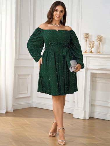 SCOMCHIC Plus Size Womens Sequin Glitter Mini Dress Off Shoulder Long Sleeve A-Line Club Cocktail Party Dresses with Belt3