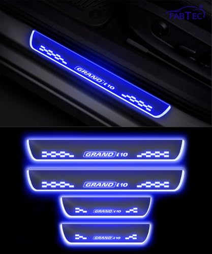 Image of FABTEC Acrylic,Car Door Foot Step Led Sill Plate with Mirror Finish Welcome Light Compatible with Hyun Dai Grand I10 Set of 4pc, Blue (6 Month Warranty)