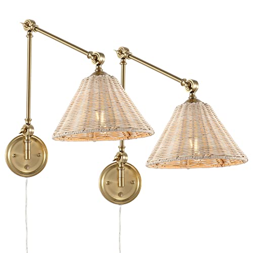 Wingbo Wall Sconce Rattan Wrapped Wall Lamp, Adjustable Swing Arm Wall Light Gold Vintage Bedside Light Fixture Wicker Handmade Shade Brass Reading Light Plug In Or Hardwire (2 Pack) #TOP5