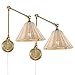 WINGBO Wall Sconce Rattan Wrapped Wall Lamp, Large Lampshade, Adjustable Swing Arm Wall Light Gold Vintage Bedside Light Fixture Wicker Handmade Shade Brass Reading Light Plug in or Hardwire (2 Pack)