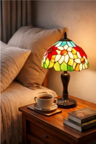 Image of Stained Glass Table Lamp, Multicolor Glass Shade, Bronze Base (Design - 14), Free Bulb- 3 Color Option- Warm White, Cool White and Natural