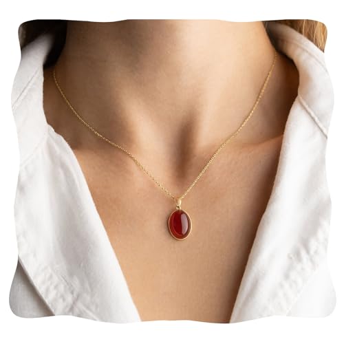 TSdiyART Carnelian Necklace, Real Oval Crystal Pendant Necklace with Gold Plated Stainless Steel Chain, Handmade Healing Crystal Red Necklaces for Women (Carnelian)