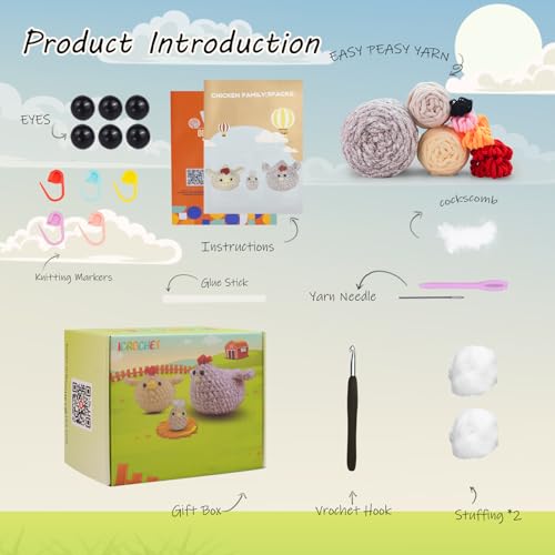 Image of Crochet Kit for Beginners,Chicken Crochet Starter Kit with Step-by-Step Video Tutorials,Crochet Animal Kits for Adults,Chicken Crocheting Set Complete Included