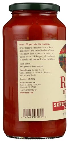 Image of Rao's Homemade Tomato Sauce, Sensitive Formula, 24 oz, Pasta Sauce, Carb Conscious, Keto Friendly, All Natural, Premium Quality, No Onions or Garlic, With Italian Tomatoes & Olive Oil