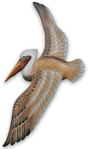 T.I. Design Hand-carved Wood Flying Pelican | Coastal Nautical Beach Wall Décor Natural Wood Finish