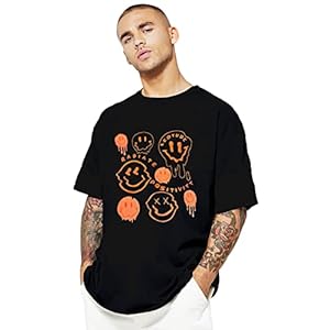 LEOTUDE Cotton Blend Half Sleeve Oversized Emoji Black Printed T-Shirts for Women