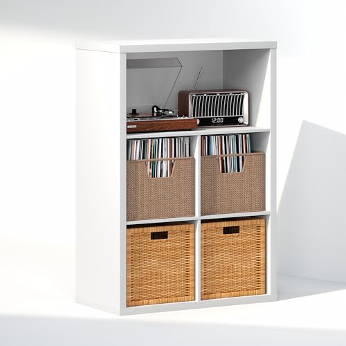 Image of Furinno Cubicle Record Player Stand, 5-Cube Vinyl Record Storage, White | Vinyl Storage, 1.2 inchInch Extra Thick, Closed Back Media Shelf for CD DVD Bluray Game Disc, for Living Room, Home Office