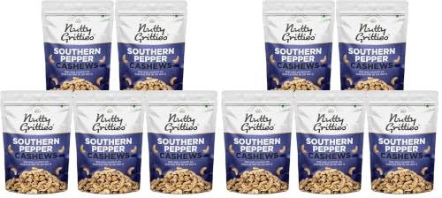 Image of Nutty Gritties Southern Pepper Cashew Nuts, 1kg (Pack of 10, 200g each) | Resealable Pouch| Natural Flavoured Whole Cashew