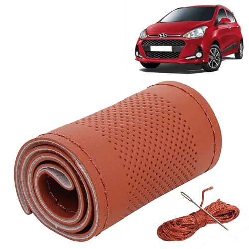 Image of KINGSWAY PU Leatherite Car Steering Cover Sewable Compatible with Hyundai Grand I10 (Year 2017-2019), Tan Color with Tan Thread, Pack of 1 with Sewing Needle and Thread