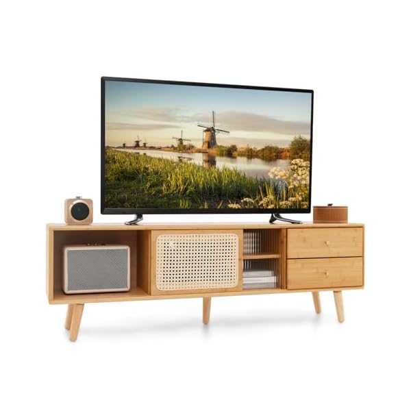 COSTWAY TV Schrank Bambus, TV Lowboard mit Rattan- & Glasschiebetüren, Fernsehtisch mit 2 Schubladen, Fernsehschrank für TVs bis 65 Zoll, für Wohnzimmer, 140 x 31 x 45,5 cm
