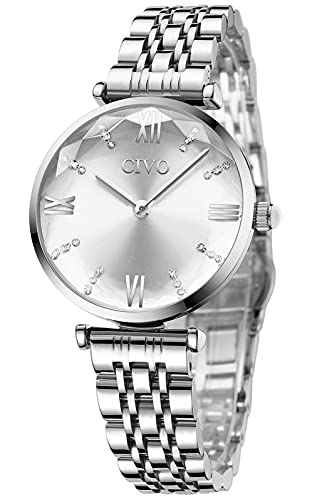 CIVO Ladies Watches for Women Silver: Analog Waterproof Stainless Steel Quartz Wrist Watch Diamonds Fashion Luxury Elegant Dainty Watches