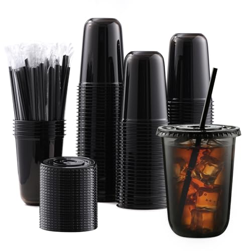 OBNIESEA 100 Sets 16 oz Plastic Cups with Lids and Straws Black Clear Disposable Iced Coffee Cups To Go U-Shaped Cold Drink Cups for Smoothie Juice Bubble Tea Party Supplies (Black 16oz)