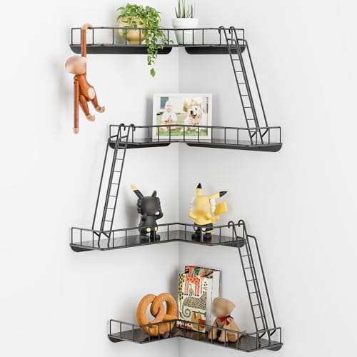 WOPITMER Fire Escape Wall Shelf - Modern City Style 4-Tier Corner Wall Shelves Easy to Install Metal Ladder Shelf for Figures New York Decorative Shelves for Bathroom Living Room & Home Decor Black