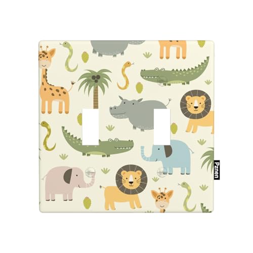 Pznen Cartoon Animal Toggle Light Switch Cover Size 2-Gang Cute Hippo Crocodile Lion Elephant And Giraffe Funny Wildlife Double Switch Plate Covers for Boys Girls Nursery Room Decor