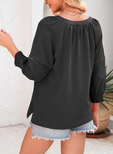 Dokotoo Womens 3/4 Sleeve Tops Pleated Business Casual Outifits V Neck Blouses Office Loose Shirts2