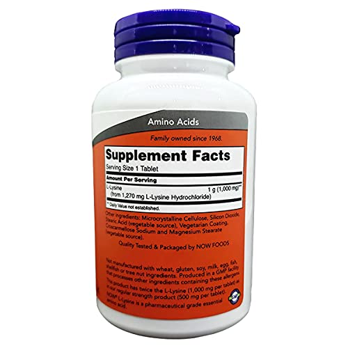 now foods supplements l-lysine hydrochloride 1000 mg double strength amino acid 100 tablets