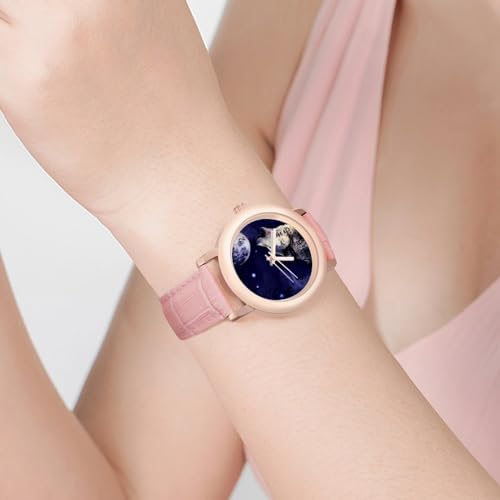 Wolf Howling at The Moon Classic Watches for Women Funny Graphic Pink Girls Watch Easy to Read4