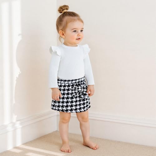 Toddler Baby Girl Skirt Set Knitted Ribbed Ruffle Long Sleeve T-Shirt Tops Plaid Skirt Fall Winter Clothes Outfits4
