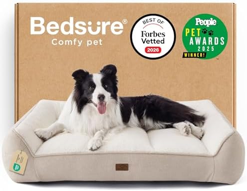 BEDSURE SupportMax™ extra Dickes ergonomisches Hundebett Grosse Hunde | 96x71x21cm Druckentlastendes Hundesofa, waschbarer Bezug, rutschfest, Sherpa-Plüsch, stilvolles Design, crem