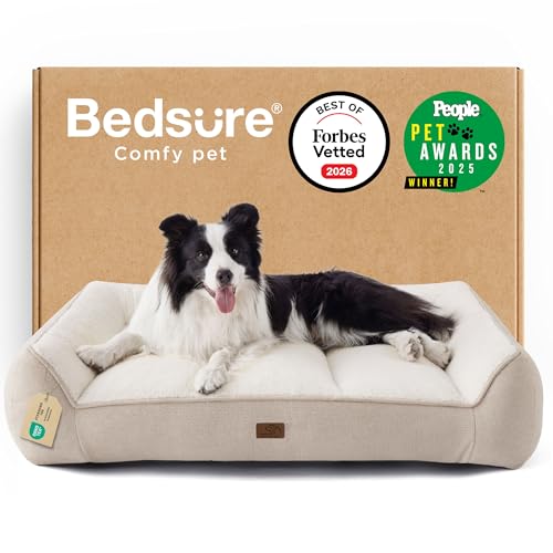 Bedsure Orthopedic Dog Beds Large - 96x71cm Extra Thick Supportive Large Dogs Sofa with Waterproof Washable Cover, L Plus Pet Bed Sofa with Soft Plush Sherpa and Nonskid Bottom, Cream