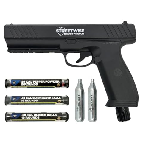 Streetwise Heat .50 Caliber Pepper Launcher, Pepper Ball Gun – Self Defense Pistol Includes 10 Rubber Balls, 10 Pepper Rounds, 10 Quicksilver Metal Composite Rounds, & 2 C02 Canisters Cover