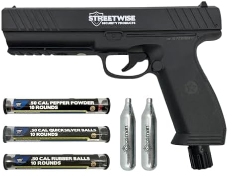 Streetwise Heat .50 Caliber Defense Launcher, Kinetic Impact Ball Gun - Personal Protection Pistol Includes 10 Rubber Balls, 10 Quicksilver Metal Composite Rounds, & 2 CO2 Canisters