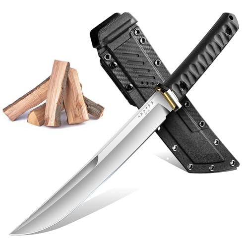 Freelander Großes Outdoor Messer Survival Machete Scharf Echt Japanisch aus D2 Stahl Jagdmesser Feststehende Klinge mit 6mm Klingenstärke Outdoor Bushcraft Camping Messer mit Scheide