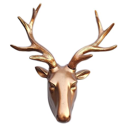 JoyEvy Deer Head Wall Decor-Wall Sculpture Resin Bronze Deer Head Gold Antler Faux Skull-Handmade Wall Art Hanging Rustic Animal Cottage Decor Home Cottage (Bronze 9.5"*11")