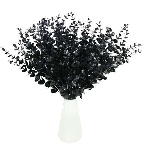 Image of Tinsow 65 PCS Black Faux Eucalyptus Leaves Halloween Artificial Flowers | Faux Eucalyptus Stems Real Touch Leaf Fake Eucalyptuses Wedding Bouquet Centerpiece Home Decor Party Decor
