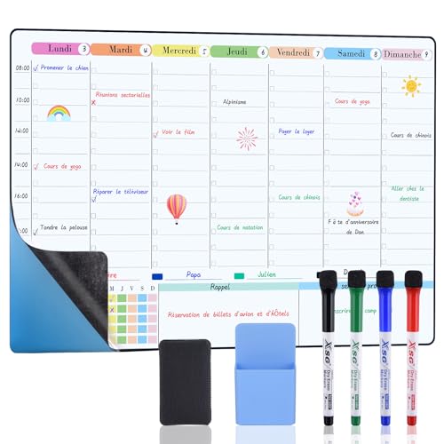 POPRUN 60x40 cm Calendrier Familial Adhesif Tableau Planning Semaine Mural, Planificateur Semainer Effaçable parfait pour Planification des Tâches,...