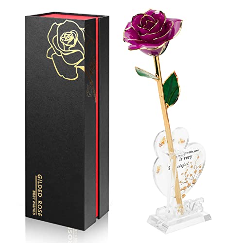 Image of Anthonic Gold Dipped Infinity Rose Last Forever Flower Decor, Birthday Gift for Women in Her Birthday Valentines Day Mothers Day, Resin Preserved Rose | Anniversary Present for Mom (Purple)