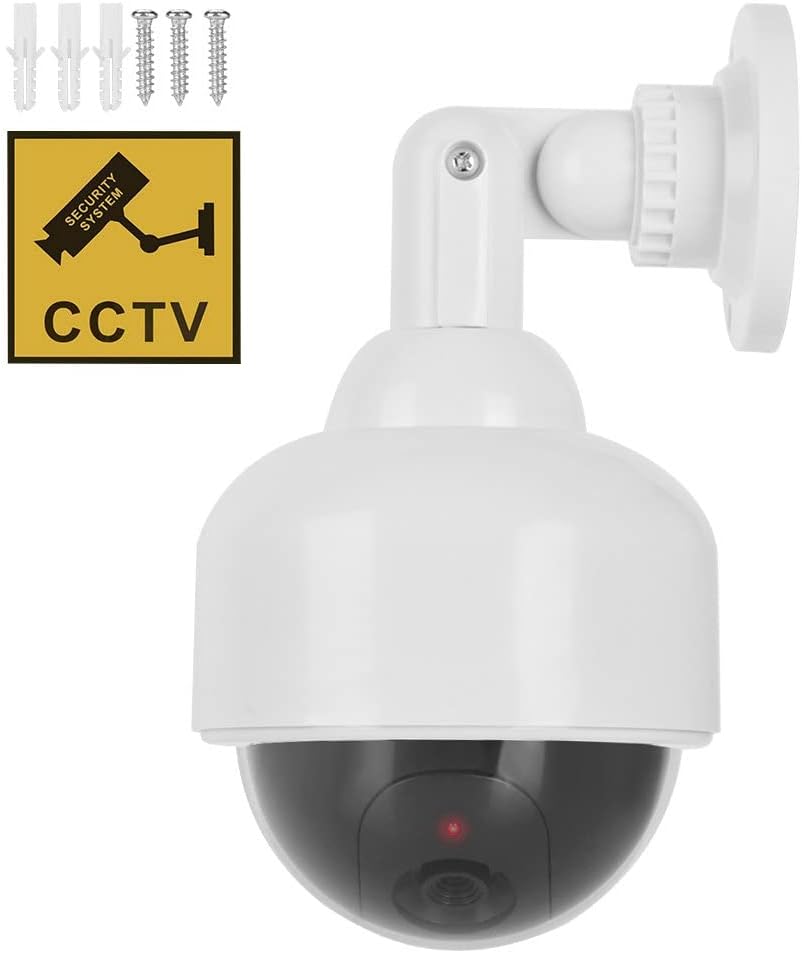 Rubik Dummy CCTV Camera with Flashing Red LED Light and CCTV Sticker Sign, Fake Surveillance Security Indoor Outdoor Waterproof Dome Camera for Home Office