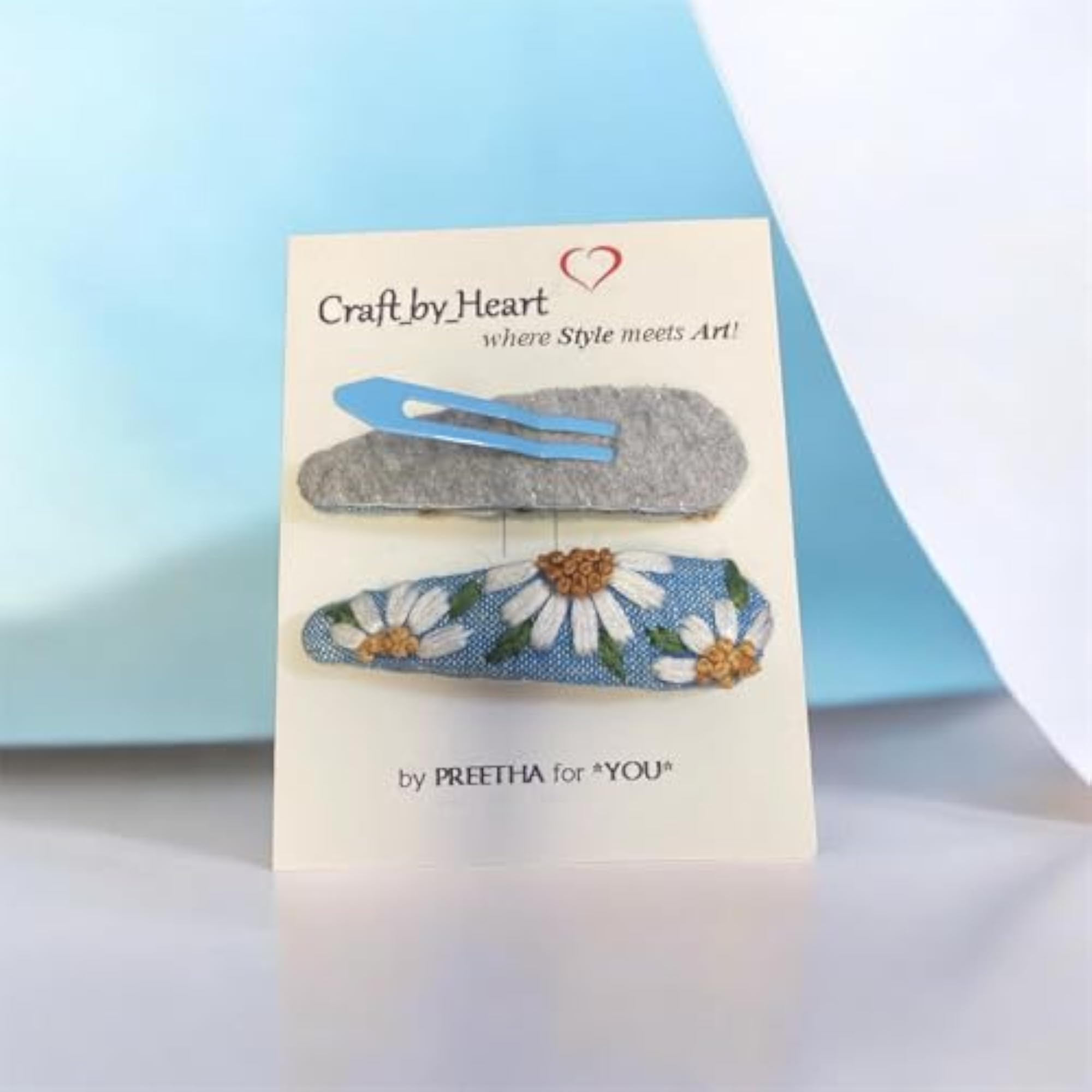 Handmade Daisy Embroidered Blue Denim Hair Bow & Tic Tac Clip Set