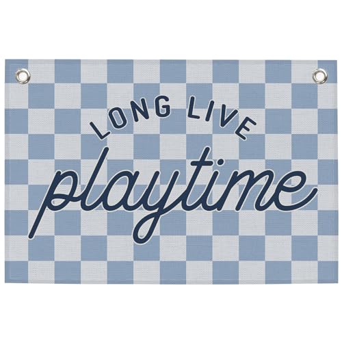 MNASAIOO Long Live Playtime Banner, Blue Checkered Playroom Kids Boys Room Decor, Nursery Canvas Flag Wall Hanging Decor Art for Toddler Room Classroom Preschool 20x30in