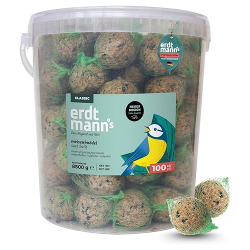 Erdtmanns Meisenknödel mit Netz 100 Stück im Eimer – Wildvogelfutter mit Getreideflocken & Sonnenblumenkernen – für Ganzjahresfütterung – geeignet für Meisen & Co. – wiederverwendbar