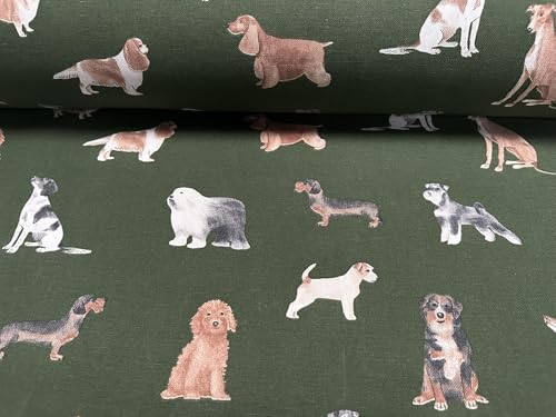 Tissu coton imprimé chiens vert foncé pour rideaux et couture en 140cm