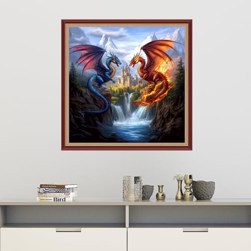 Image of Dooxvey Cross Stitch Kits for Adults Beginners,Full Range of Cross-Stitch Stamped Kits Needlepoint Kits for Beginners Embroidery Kits 11CT Cross Stitch Patterns-Fire and Water Dragon Castle 18x18 inch