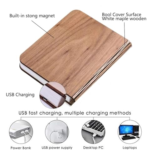 Image of 3 Colors Rechargeable Folding Book Lamp, Wooden Book Night Light,Birthday Christmans Thanksgiving Gift for Women Boys Kids Girls