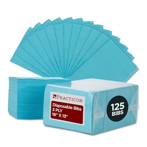 Practicon 125 Pack Light Blue Disposable Patient Bibs, 18" x 13", 3 Ply Waterproof Paper Bib Sheet with Poly Back, Dental, Medical, Tattoo, Nail Tray or Table Cover, 125 Pack